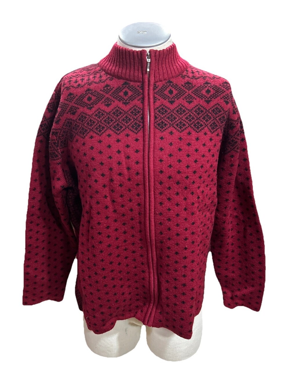 Lands End Wool Sweater XL 18-20 Full Zip Red Black Womens